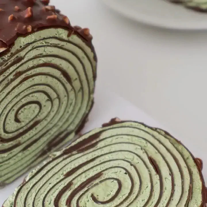 Matcha Crepe Cake Roll with Chocolate Glaze