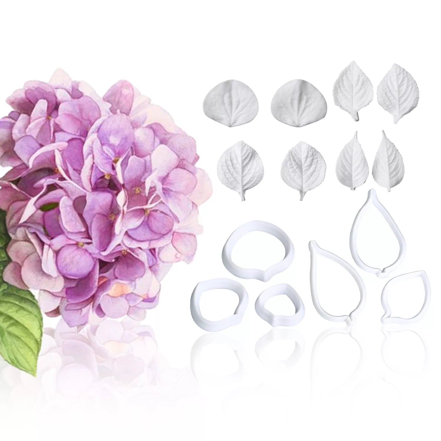 Realistic Hydrangea and Leaf Sugar Paste Cutting And Embossing Silicone Mold Set