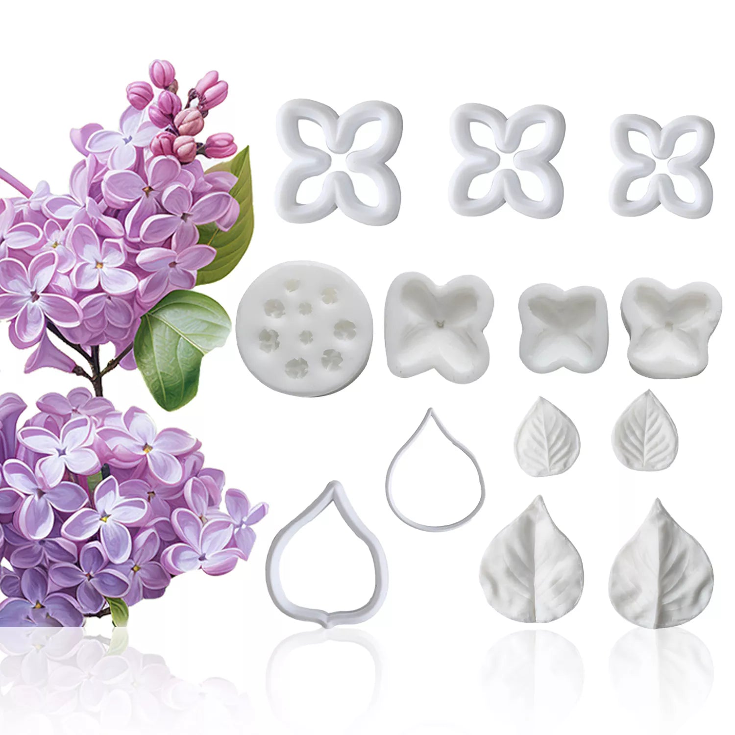 Realistic Lilac Petal and Leaf Sugar Paste Cutting And Embossing Silicone Mold Set