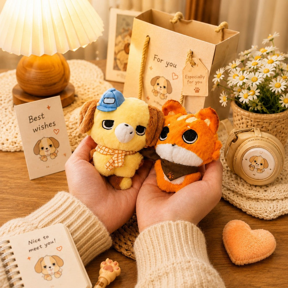 Sweet Puppy and Fox Besties Plush Pendant Set - Cute Stuffed Animal Keychains